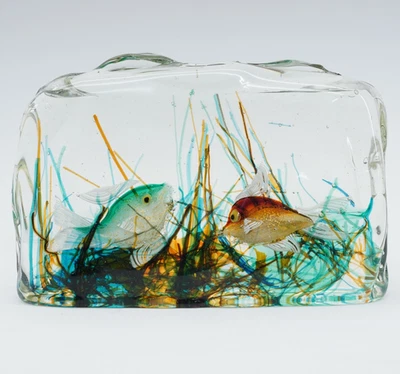 Murano 2 Fish Aquarium Art Glass Block CENEDESE Paperweight Sculpture C. 1958 - Image 1 of 4