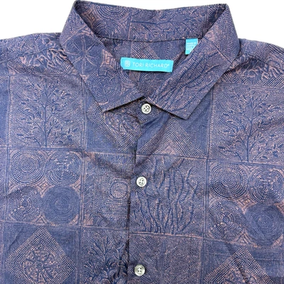 Tori Richard Men's Short Sleeve Geometric L Button Up Hawaiian Aloha USA Purple - Image 1 of 4