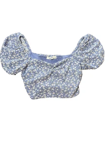 Spoiled Crop Top Womens XS Blue Daisy Puff Sleeve Smocked Square Neck KOLS665J - Picture 1 of 5