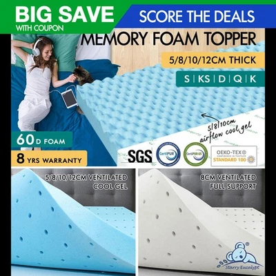 STARRY EUCALYPT Memory Foam Mattress Topper Cool Gel Bamboo Cover 5/8/10/12cm - image 1 of 2