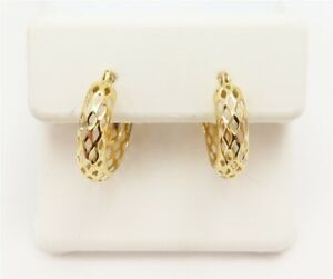 14K Yellow Gold ~2MM Wide Cut-Out Diamond Pattern Huggie Hoop Earrings