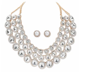 GRADUATED ROUND CRYSTAL MULTI ROW HALO BIB NECKLACE EARRINGS SET GOLDTONE - Picture 1 of 2