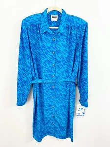 NEU Leslie Fay Vintage blau Knopfleiste Gürtel Kleid Größe 16 PETITE Langarm - Bild 1 von 10