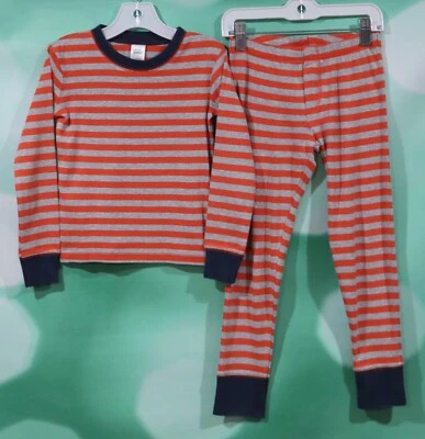 Mini Boden Size 7 Boys Orange And Gray Blue Trim Striped Two Piece Pajama Set - Image 1 of 4