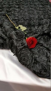 BLACK Rosette Satin Fabric – Sold By The Yard Floral Flowers Satin Decor - Picture 1 of 4