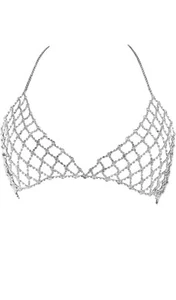 Sexy Body Chains Silver Rhinestone Bra Belly Chain Jewelry Bikini Beach Rave M - Picture 1 of 5