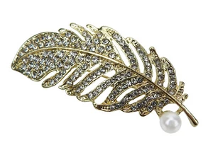 Ella Jonte Glitzer Brosche Feder gold mit Strasssteinen + Perle Anstecknadel - Bild 1 von 3