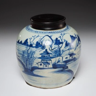 Chinese Kangxi Era Blue White Porcelain Mountain Village Landscape Jar Antique B - Image 1 of 4