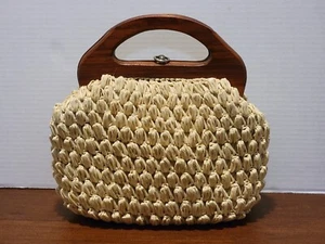 VTG LESCO Woven Basket Purse Ivory Cream Handbag Wooden Handle Boho Chic - Picture 1 of 24