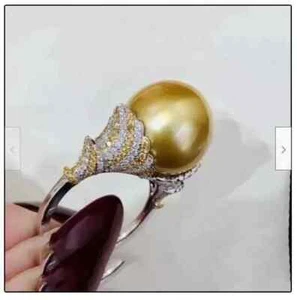 Adjustable AAAAA10-11mm Authentic South China Sea Gold Round Pearl Ring 925 - Picture 1 of 6