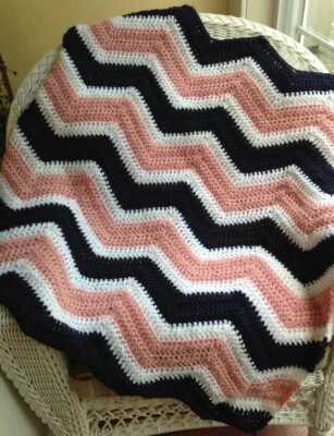 CROCHET baby blanket afghan chevron ripple handmade VANNA pink navy blue 32x 36" - Image 1 of 2