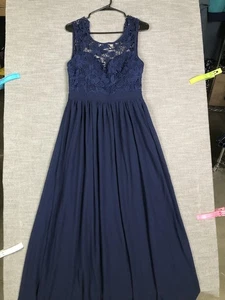 Manjju Dress Womens Large Navy Lace Bodice Maxi Formal A-Line Gown m22620 - Picture 1 of 20