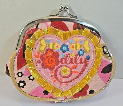 Bolsa oleosa Kiss Lock bolsa moeda maquiagem clutch rosa bordada frente metal encaixe - Imagem 1 de 4