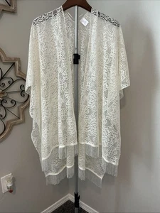 Faded Glory Lace Kimono Fringed Open Front Boho Cardigan Ivory One Size - Picture 1 of 7