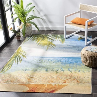 Tapete de área Barbados Collection - 6'6" x 9'4", dourado e azul, design de praia tropical... - Imagem 1 de 4