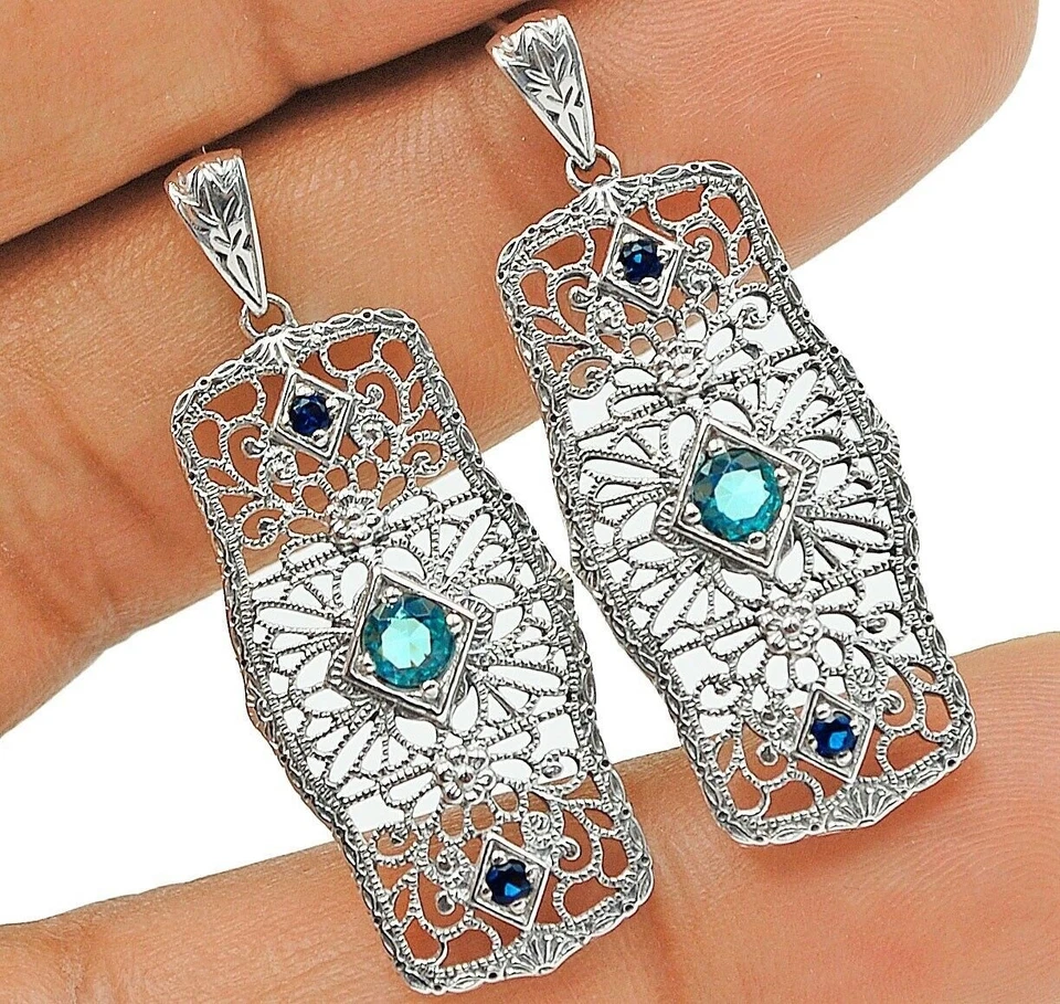 1CT Aquamarine & Treated Sapphire 925 Sterling Silver Filigree Earrings Jewelry - Image 1 of 1