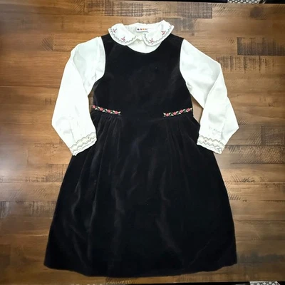Vintage Gymboree Girls Velvet Dress With Floral Embroidered Collar & Cuffs XL 6 - Image 1 of 4