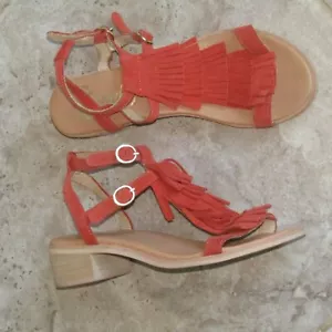 Ravel Orange Suede Block Heel Sandals Fringed Uk 7 Gladiator Western Cowgirl - Picture 1 of 12
