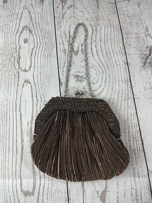 BIJOUX TERNER Marrón Cuentas y Plisado Estilo Antiguo Cartera de Noche Cierre sin asas Foto 1 de 4