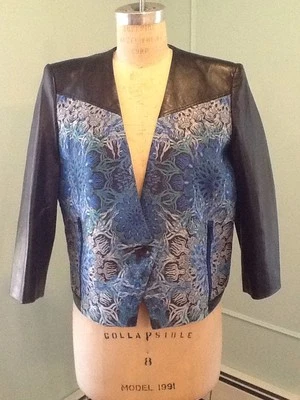 Helmut Lang Medallón Jacquard Neón Azul y Negro Cuero Chaqueta Abotonada Talla 6 Foto 1 de 4