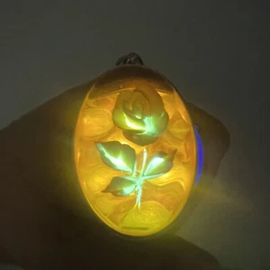 Amber Oval Convex Bubble Pendant Etched Rose Sterling Silver Vintage Glows - Picture 1 of 7