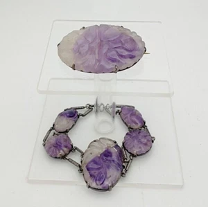 Sterling Silver 925 Hand Carved Lavender Stone Jewelry Set Bracelet and Brooch - Picture 1 of 5
