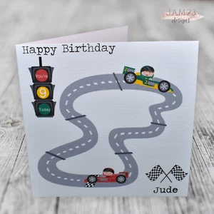 Personalised Boys Racing Car Birthday Card Grandson Son 3rd 4th 5th 6th 7th 8th - Picture 1 of 9