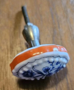 Vintage Ceramic Cabinet Drawer Pull Knob 1.5" X 1.25" Blue Floral Red Stripe 7/8 - Picture 1 of 7