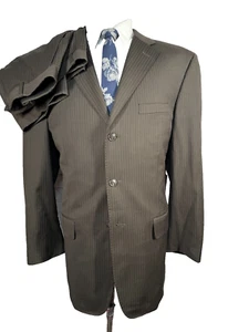 PRONTO UOMO Mens Brown Pinstripe Wool Flat Front 2 Pc Suit 44L Jacket 33x31 Pant - Picture 1 of 14