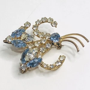 Vtg Gold Tone Austrian Crystal Brooch Pin Art Deco Style Blue Floral Elegant - Picture 1 of 10