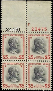 1938 USA Scott 834 5 $ Coolidge P # 4er Block Briefmarken - postfrisch, ungestört OG - schön! - Bild 1 von 2