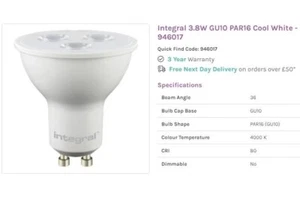 INTEGRAL 3.8W GU10 PAR16 COOL WHITE - 946017 NON-DIMMABLE - Picture 1 of 24
