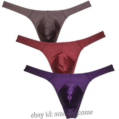 3PCS Men's Low-rise Shine Thong Underwear Bulge Pouch Bikini G-string Underpants - Image 1 of 4