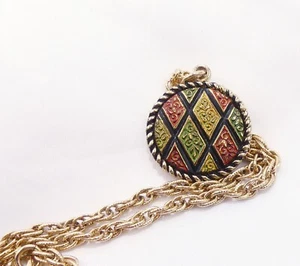 Vtg 70s Sarah Coventry Necklace Round Gold Tone Diamond Pattern - Bild 1 von 7
