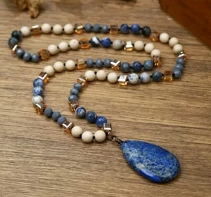 NEW Boho Blue Stone Pendant Beaded NECKLACE - Picture 1 of 8