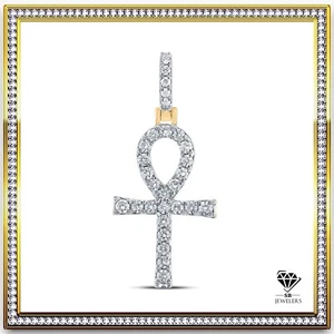 10KT Yellow Gold Mens Round 1/2 CTW Diamond Ankh Cross Charm Pendant 1.3g Charm - Picture 1 of 2