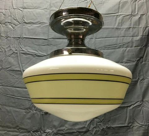 Vintage Deco Chrome Ceiling Light fixture Painted Green Pinstripe Globe 143-22B Cover
