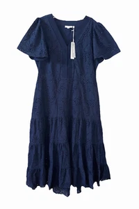 CHICO'S Size 1.5 US 10 Embroidered Eyelet Flounce Midi Dress NWT $179 Navy Blue - Imagen 1 de 13
