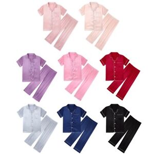 5-14Y Boys Girls Satin Pajamas Set Silk Short Sleeve Pjs  Button-Down Sleepwear