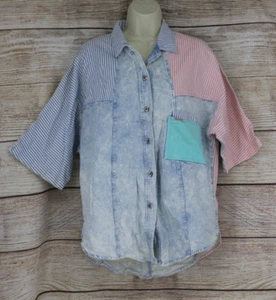 VINTAGE Traffic Womens One Size Button Up Stonewash Denim Color Block Shirt - Picture 1 of 8