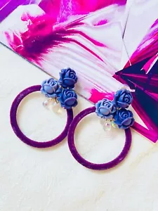 Purple Large Round Hoop Trio Lilac Rose Water Tear Drop Clip Earrings Women Her - Picture 1 of 6