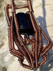 Copper Pendant w/ Ethiopian Opal + Black Tourmaline - Picture 1 of 4