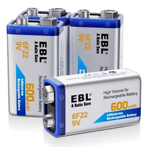 EBL 9V Rechargeable Lithium Batteries 9 Volt 600mAh Li-ion Batteries 4Pack - Picture 1 of 11