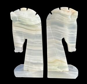 VTG Pair Marble Trojan Horse Head Bookends Hand Carved Set Onyx Stratified Stone