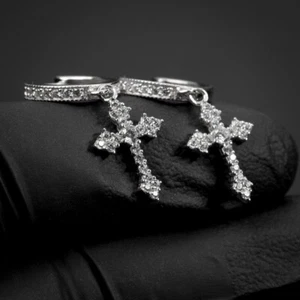 Pendientes de aro colgantes cruzados de daga de plata esterlina de oro blanco circonita para hombre - Imagen 1 de 6