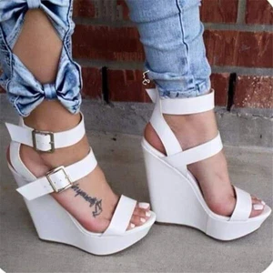 Sandalias con cuña para mujer punta abierta tacones altos correa al tobillo talla 4-20 - Imagen 1 de 8