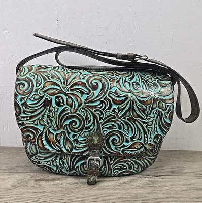 Rare Patricia Nash Rosolin Tooled Leather Saddle Bag Satchel Crossbody Turquoise - Image 1 of 4