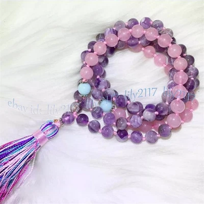 天然紫水晶玫瑰石英宝石 108 祈祷珠玛拉项链祝福护身符 — 第 1/4 张图片