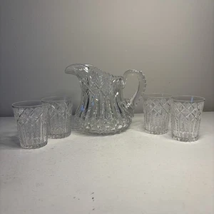 Antiker signierter Libbey amerikanischer Brillantschliff Glaskrug & 4 Becher - Bild 1 von 14