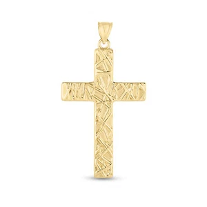 2" Textured Cross Pendant Real 14K Yellow Gold - Picture 1 of 2